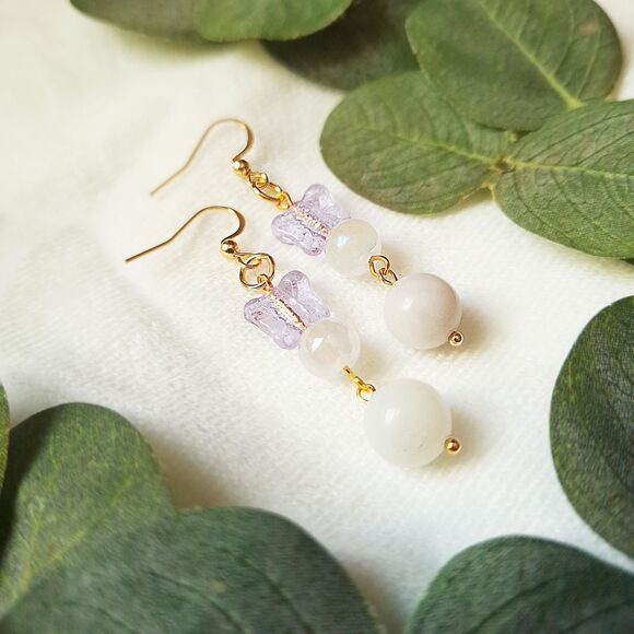 Fairycore Butterfly Glass & White Chalcedony Drop Earrings – 24k Gold Plated - Picture 7 of 9